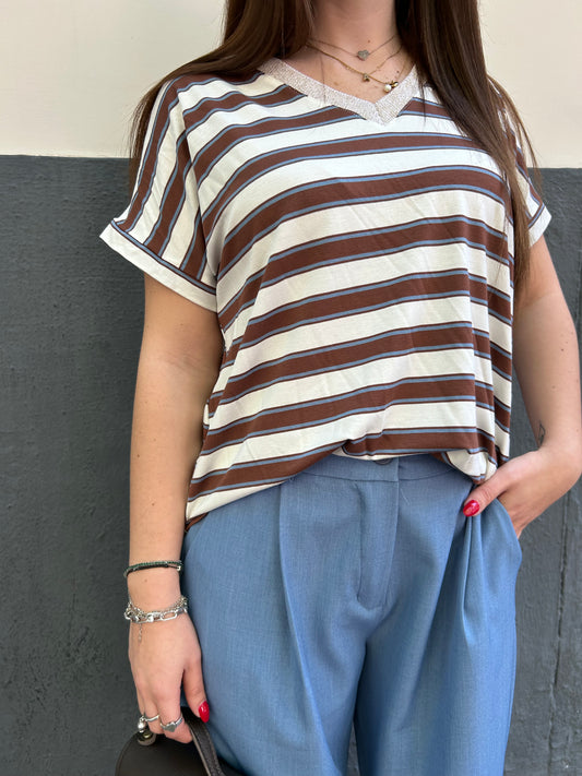 T-shirt rigata con colletto lurex